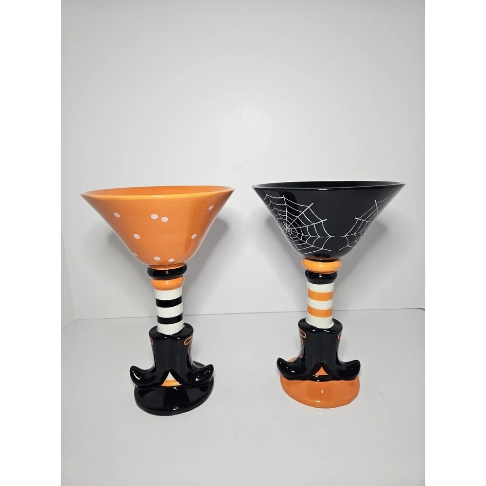 Big Lots Halloween Witch Legs Ceramic Candy Bowl Set Boo Poison Orange Black